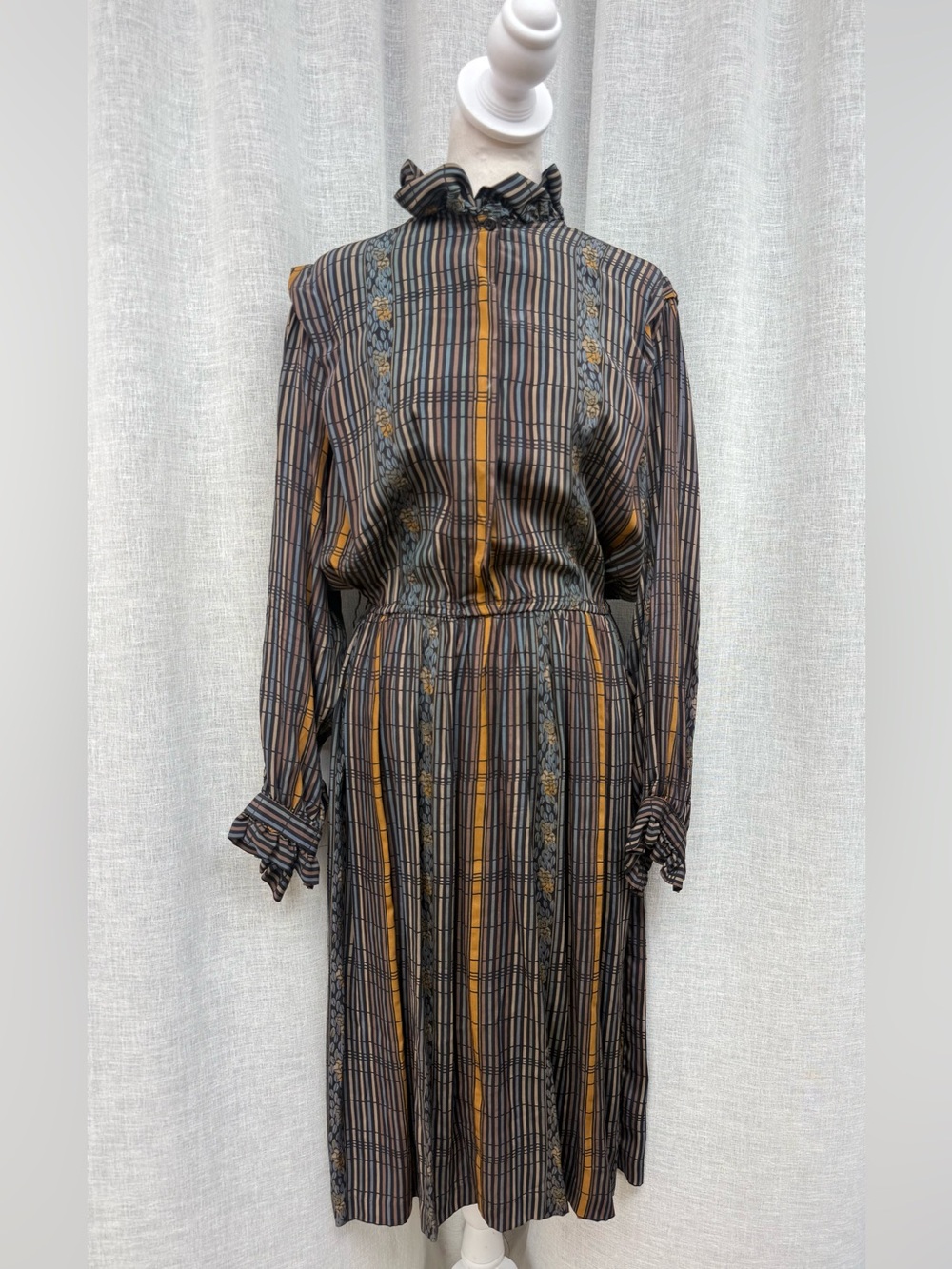 1970 Eric Laage Paris silk stripe high ruffle neck long sleeve midi dress